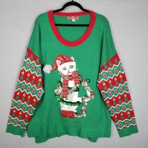 33 Degrees M Santa Cat Ugly Christmas Sweater Green Red Fair Isle Maximalist NWT